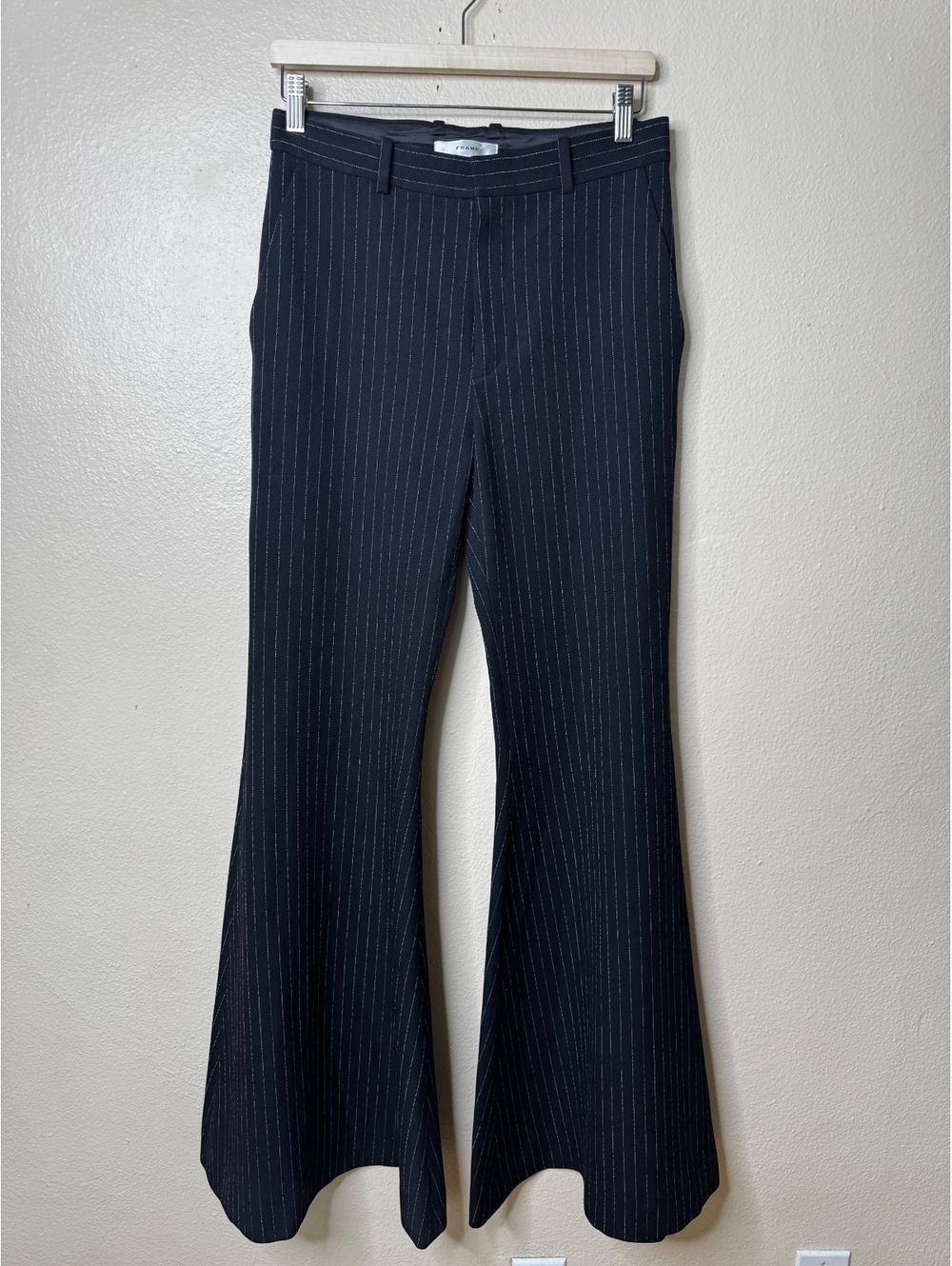 FRAME Womens Size 4 Bilano Pants Black Pinstripe Flare Leg Stretch Trousers
